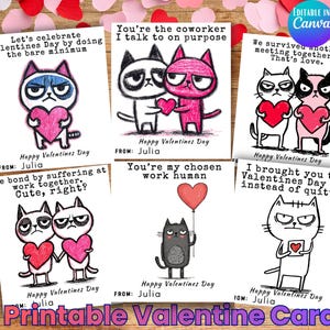 Puede incluir: Un conjunto de tarjetas de San Valentín imprimibles con ilustraciones de gatos gruñones sosteniendo corazones y globos. Cada tarjeta tiene un mensaje humorístico único. Las tarjetas están sobre una superficie de madera con decoraciones en forma de corazón.