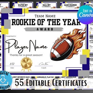 Editable Football Award Certificates, End of Season Football Awards, Football Team Award Templates, DIY Printable Award Ceremony Certificate