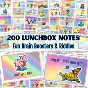 May include: A collection of 200 lunchbox notes with fun brain boosters and riddles. The notes feature colorful illustrations and facts, including "Hippos Sweat Pink" and "Some Butterflies Drink Turtle Tears." The text "200 Lunchbox Notes" is prominently displayed.