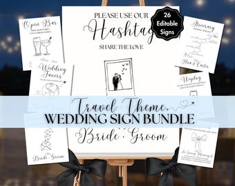 Travel Theme Wedding Signs Bundle, Destination Wedding Decor, Editable Canva Templates, Printable Digital Download