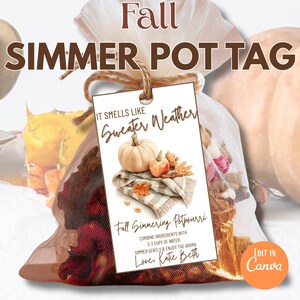 Könnte beinhalten: Ein Herbst-Simmer-Pot-Tag mit dem Text "Fall Simmer Pot Tag". Das Etikett zeigt eine Aquarellillustration eines Kürbisses, eines Apfels und Herbstblättern. Auf dem Etikett steht "It smells like Sweater Weather".