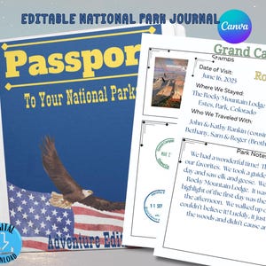 Passaporto modificabile per i parchi nazionali, diario digitale delle avventure in campeggio, registro dei 63 timbri dei parchi nazionali, modello Canva per quaderno di viaggio per amanti dei parchi