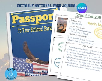 Editable National Park Travel Journal: 63 Parks Stamp Book (Canva Template, Digital Download)