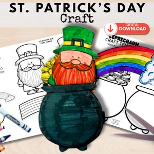 Könnte beinhalten: Ein St. Patrick's Day-Bastelprojekt mit einem Leprechaun mit rotem Bart und grünem Hut, der Goldmünzen über einem Topf hält. Das Bild enthält einen Regenbogen, einen Goldtopf und den Text "ST. PATRICK'S DAY Craft". Ein digitaler Download ist verfügbar.