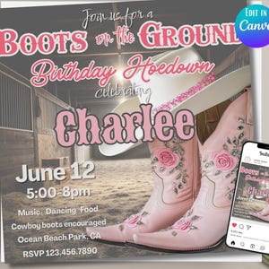 Boots on the Ground Flyer, Pink Cowgirl Birthday Invitation, Western Hoedown Birthday, Cowgirl Social Media Evite, Country Western Invite