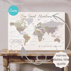 Tracker de voyage carte du monde personnalisée, carte numérique avec punaises, grande oeuvre d'art murale, cadeau pour un anniversaire de mariage, carte naturelle personnalisée avec noms modifiables