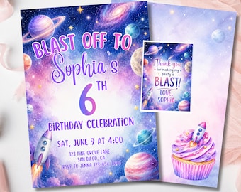Space Birthday Girl Invitation, Galaxy Party Invite, Editable Rocket Celebration, Pink Cosmic Outer Bday