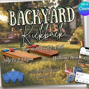 May include: An invitation for a backyard kickback event. The design features the text "BACKYARD Kickback" in a playful font, along with details like "Join us to Grill & Chill" and the date and time. A smartphone displays the same invitation.