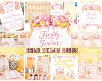 Freshly Picked Bridal Shower Decorations Bundle, Pink and Yellow Invitation Templates, Lemons Wedding Decor