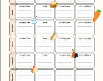 May include: A meal planning chart with the title "Boîte à lunch" at the top. The chart is divided into sections for each day of the week, with spaces for breakfast, lunch, dinner, and snacks. Colorful illustrations of food items are included.