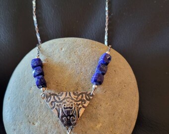 Textured sterling triangle with square lapis beads and briolette dangle