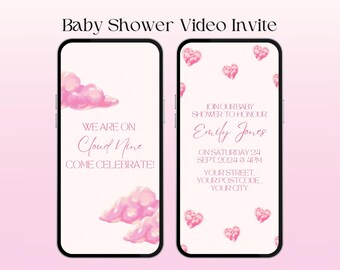 Cloud Nine Babyparty-Videoeinladung, pastellrosa animiertes Evite, bearbeitbare Baby Girl Canva-Vorlage, Floating Clouds Theme Party einladen