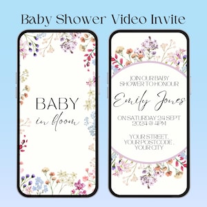 Blumen-Babyparty-Video-Einladungsvorlage, animiertes Baby in Bloom Canva Design, virtuelles Frühlings-Baby-Mädchen einladen, bearbeitbarer animierter Text