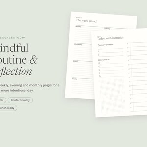 May include: Two white paper planner pages with black text. One page is titled The week ahead with days of the week listed. The other page is titled Today, with intention and includes sections for three core priorities, habit check-ins, and lined notes.