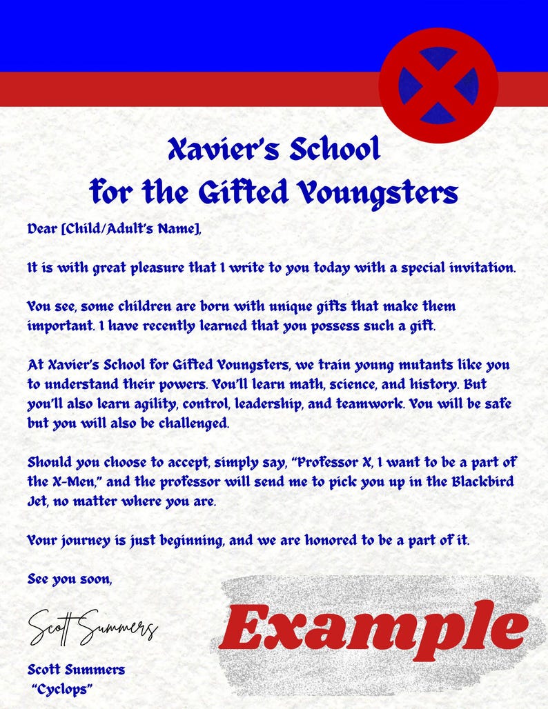 Gifted Lettering Personalized X-men's School for Gifted Youngsters Invitation Letter ...
