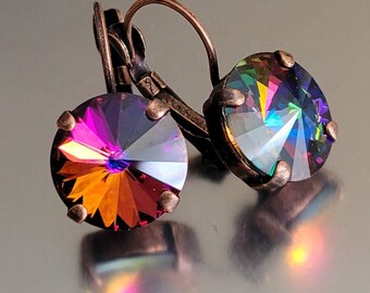 Swarovski Crystal Earrings, 12mm Rivolis, Volcano, Antique Copper, Lever Backs