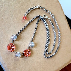 Austrian Crystal Five Stone Necklace, Antique Silver, 12mm Rose Peach, 8mm Moonlight