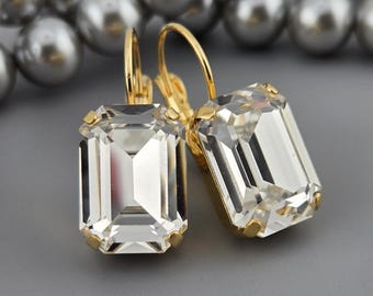 Swarovski Crystal Earrings, Clear Crystal, Emerald Cut, Yellow Gold, Lever Backs, Wedding