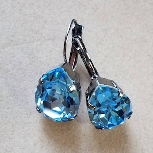 Austrian Crystal Earrings, Black Metallic Lever Backs, Aquamarine, Pear Shape, Showstopper