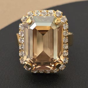 Austrian Crystal Ring, Statement Ring, Golden Shadow, Emerald Cut, Crystal Halo, Cocktail Ring, Gold Plated, Adjustable