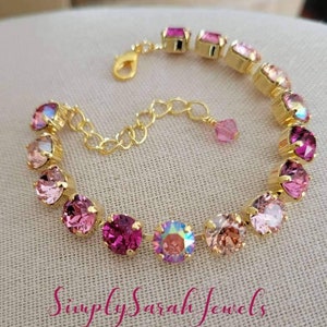 Austrian Crystal Tennis Bracelet, Yellow Gold, Pink, Fuchsia