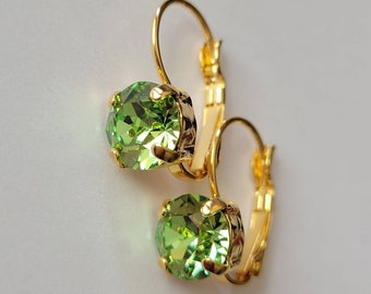 Austrian Crystal Earrings, 8mm, Peridot, Gold, Lever backs