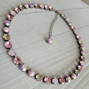 Austrian Crystal Necklace, Pearls, Pink, Wedding, Bridesmaids, Antique Silver, Adjustable