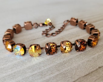 Swarovski Crystal Tennis Bracelet, Antique Copper, Fall Colors, 8mm, Adjustable