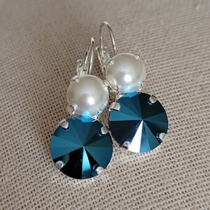 Austrian Crystal Earrings, Austrian Pearls, Two-stone Lever Back Setting, Shiny Silver Plating, White Pearls, Metallic Blue