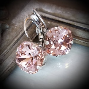 Austrian Crystal Earrings, Vintage Rose, 12mm Cushion Cut, Antique Silver Plated Leverbacks