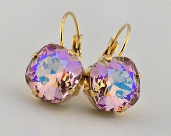 Swarovski Crystal Earrings, Gold Plate, 12mm Cushion Cut, Light Rose Illumine, Lever Backs