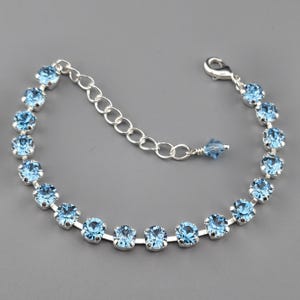 Austrian Crystal Bracelet, Shiny Silver Plated, 6mm Chatons, Aqua, Blue, Wedding, Bridesmaids