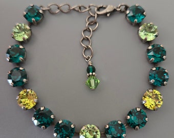 Swarovski Crystal Bracelet, Antique Silver, 8mm Chatons, Emerald Green, Citrus, Peridot, St. Patrick's Day, Adjustable