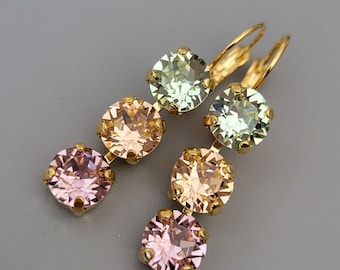 Austrian Crystal Earrings, Lever Backs, Pastel, Gold Plated, 8mm