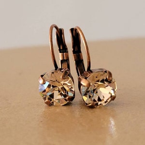 Austrian Crystal Earrings, Antique Copper, Silk, Lever Backs