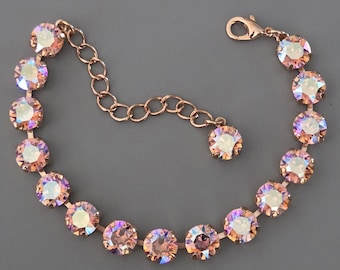 Swarovski Crystal Bracelet, Rose Gold Plate, 8mm Chatons, Pink, Light Rose Shimmer, Adjustable