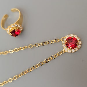 Swarovski Crystal Ring and Pendant Necklace Set, Scarlet, 8mm Chatons, Halo, Clear Crystal Halo, Gold Plating, Christmas, Holiday
