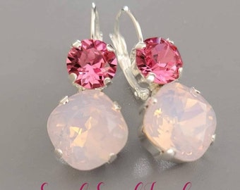 Austrian Crystal Two Stone Earrings, Silver, Rose Water Opal, Rose, Lever Backs