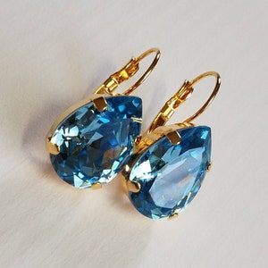 Austrian Crystal Earrings, Aquamarine, Teardrop, Pear, Gold, Lever Backs