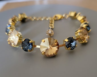 Austrian Crystal Bracelet, Yellow Gold, Golden Shadow, Blue Denim, Adjustable