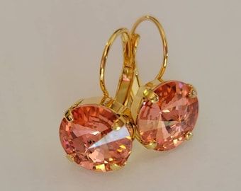 Austrian Crystal Earrings, Gold Lever Backs, Pink, Peach, 12mm Rivoli