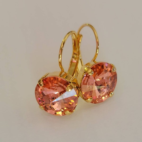 Austrian Crystal Earrings, Gold Lever Backs, Pink, Peach, 12mm Rivoli