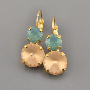 Austrian Crystal Earrings, Light Peach, Peach Matte, Pacific Opal, Yellow Gold, Lever Backs, Summer, Wedding