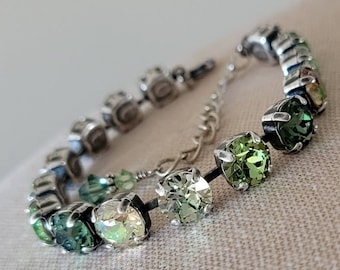 Swarovski Crystal Tennis Bracelet, St Patrick's Day, 8mm Chatons, Green, Antique Silver