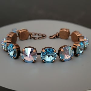 Austrian Crystal Tennis Bracelet, 12mm Rivolis, Aqua, Light Sapphire Shimmer, Antique Copper, Adjustable