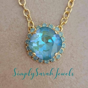 Austrian Crystal Halo Pendant Necklace, Silky Sage Delite, Pacific Opal, Gold, Adjustable, Bridesmaids, Wedding