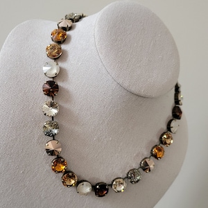Austrian Crystal Necklace, 12mm Rivoli, Topaz, Ivory Cream, Silk, Adjustable, Antique Brass
