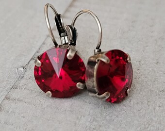 Austrian Crystal Earrings, Red, Siam, 12mm Rivolis, Antique Silver Plated, Lever Backs, Christmas, Holiday Wedding, Bridesmaids