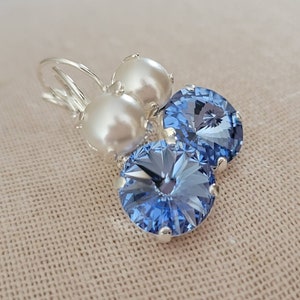 Austrian Crystal and Pearl Earrings, Shiny Silver, Lever Backs, Blue, White, Bride, Something Blue, Bridesmaids