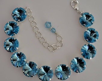 Austrian Crystal Tennis Bracelet, Aqua, Blue, Silver, March Birthstone, 12mm Rivoli Rhinestones